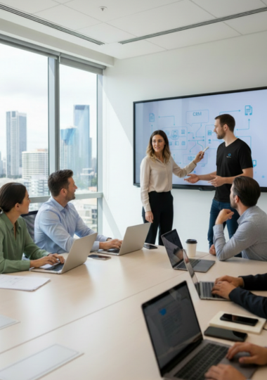 Michael Tippet and the Australian team reviewing integrated CRM, ERP and finance systems with automated workflows