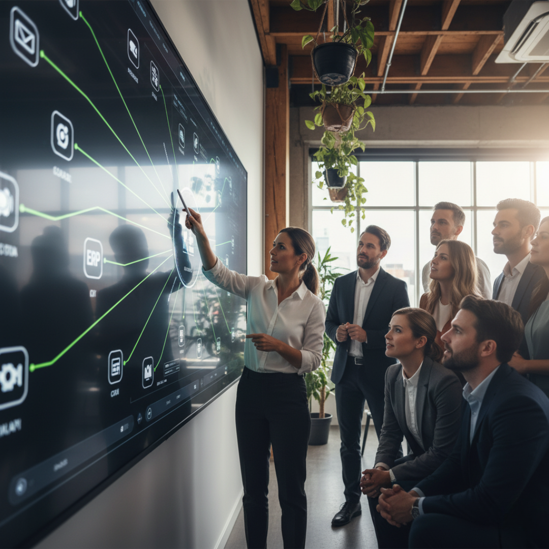 DevPro consultant demonstrating business system integration on large screen.