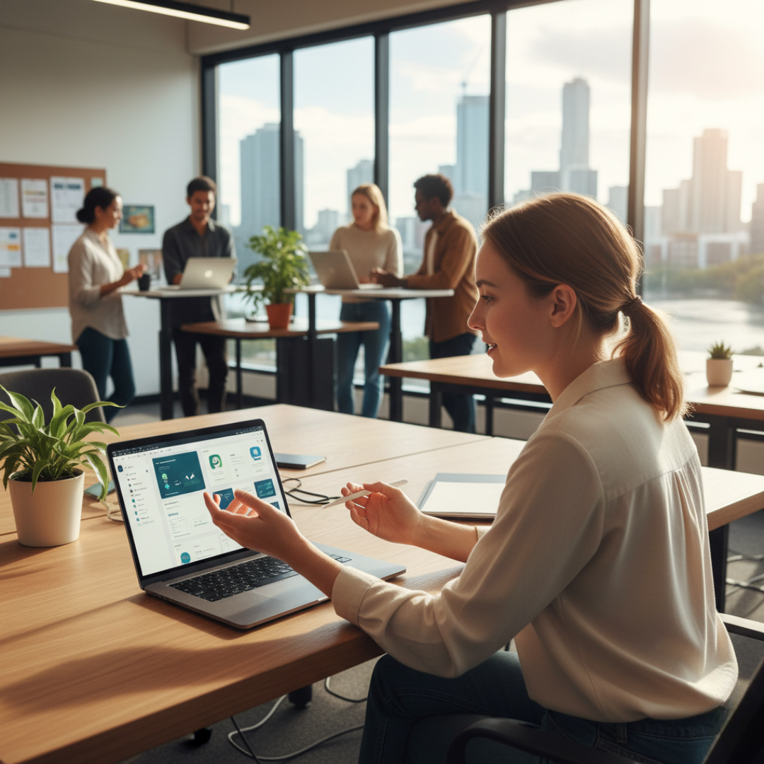 Australian DevPro software developer designing custom business application UI on laptop in modern Brisbane office.