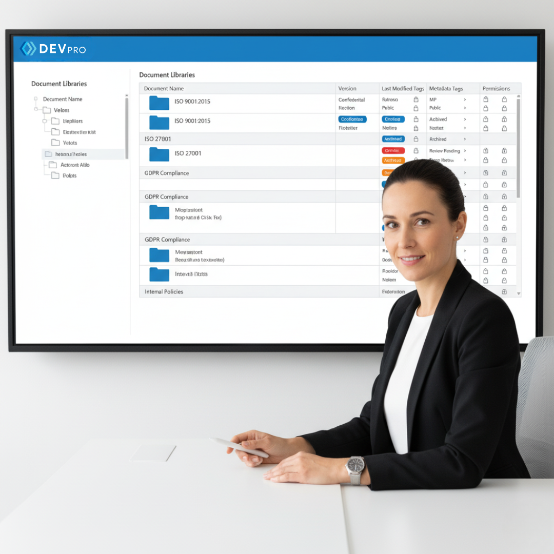 DevPro compliance specialist optimising document library structure with ISO and metadata in SharePoint.
