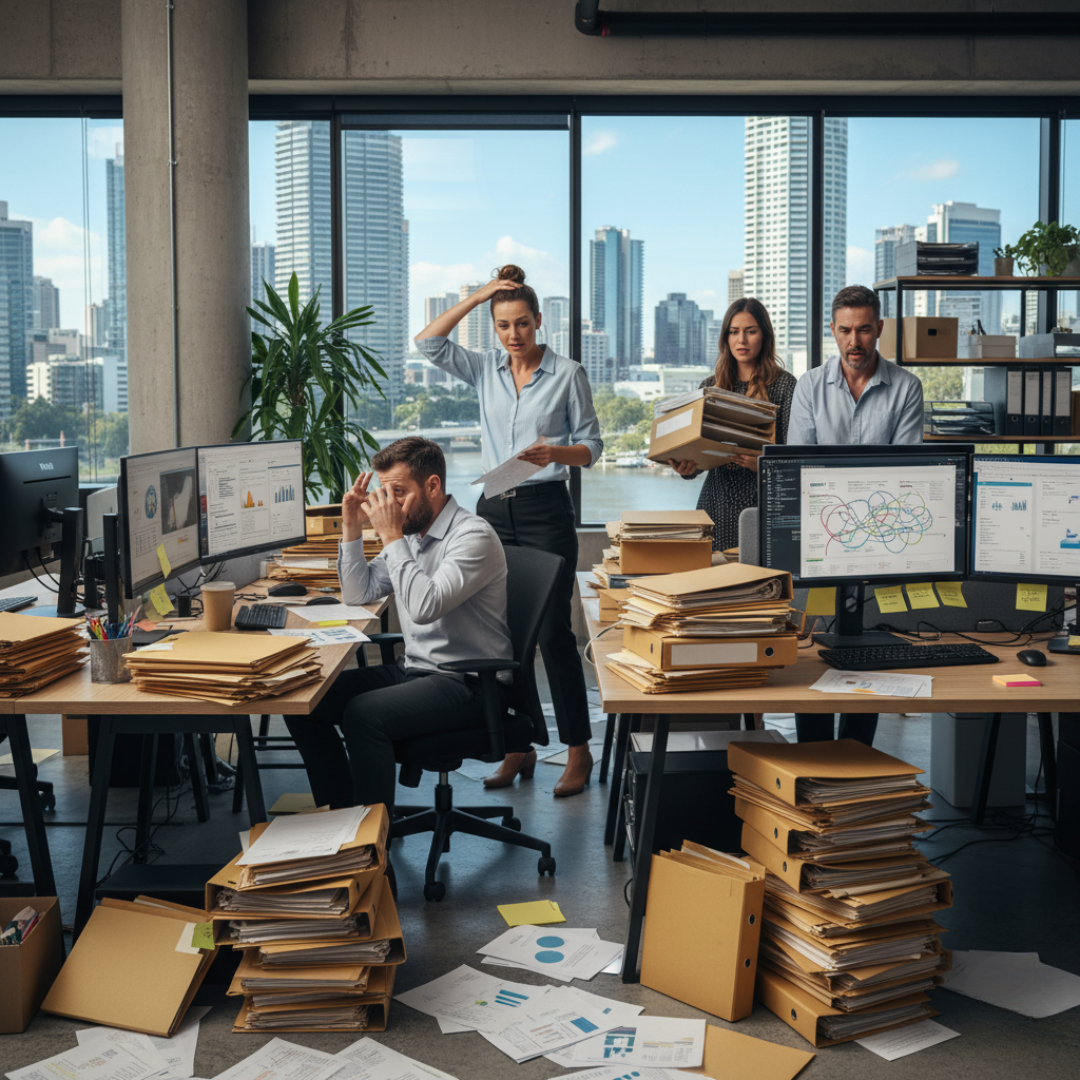 Australian consultant and SME team reviewing streamlined workflow systems and SharePoint structures in a Brisbane office.