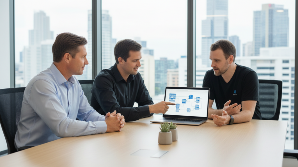 Australian business owner discussing systems integration recommendations with consultant