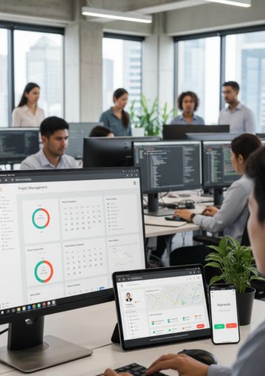 DevPro displaying custom software interfaces across desktop, mobile, and tablet with Australian developers coding in the background.