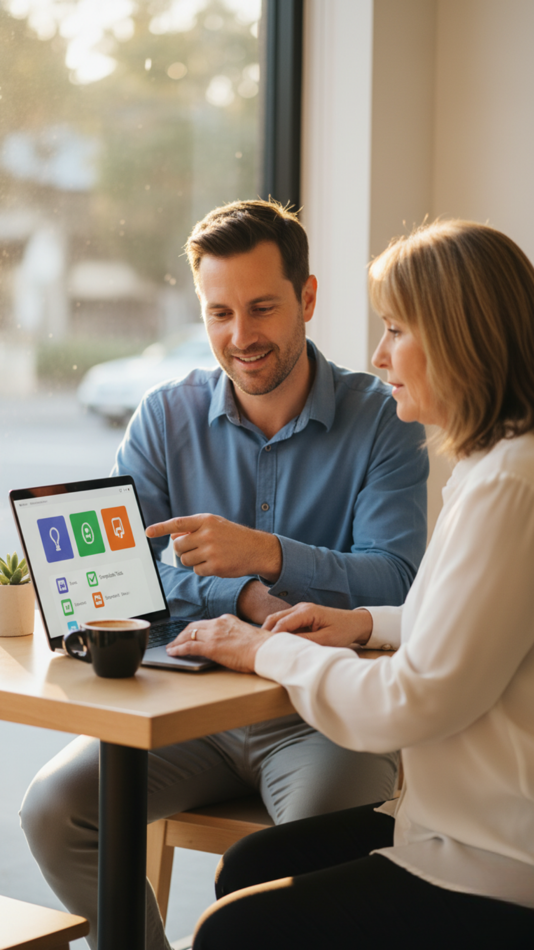 Australian IT consultant guiding a business owner through a simple, dependable workflow system on a laptop.