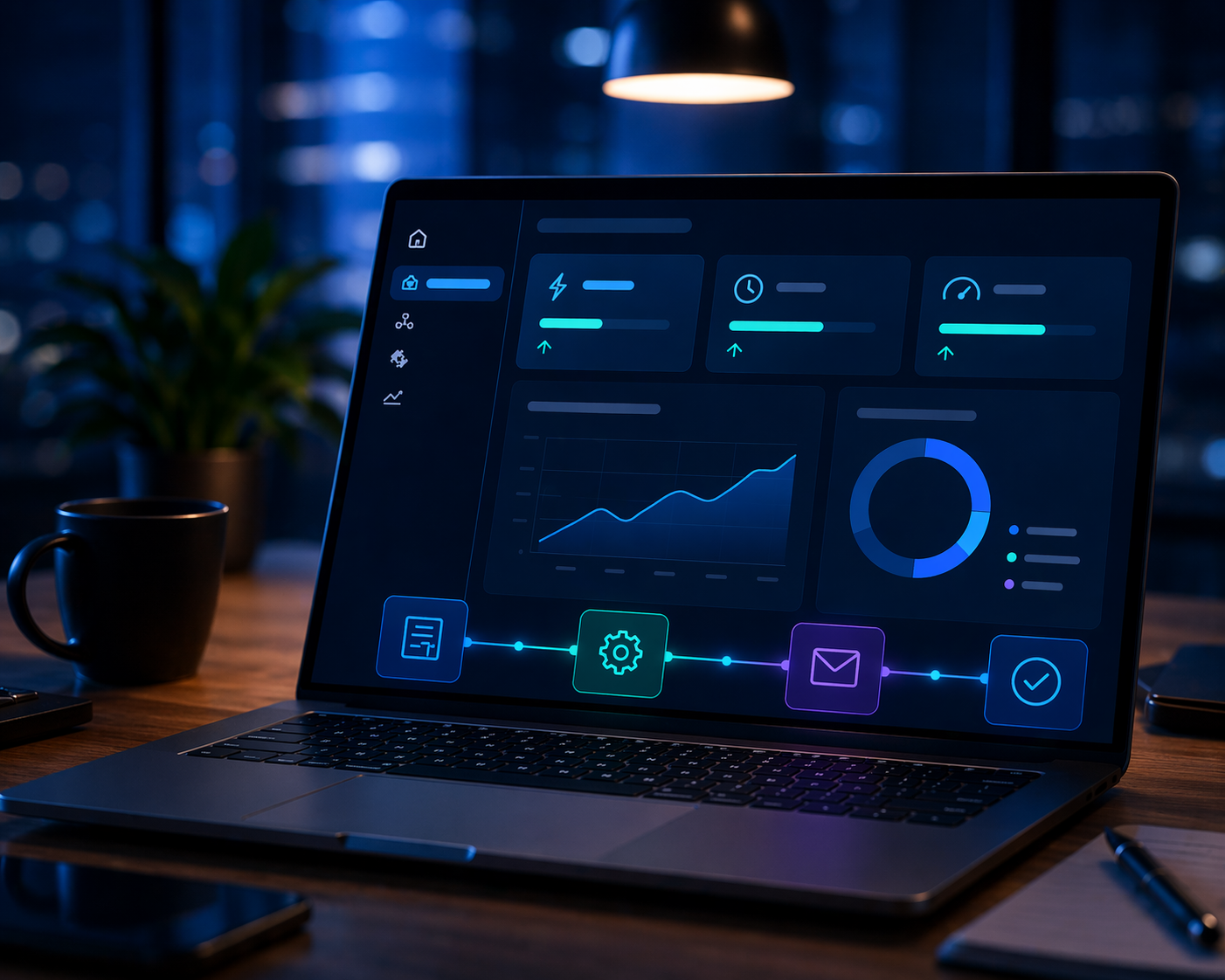 AI automation dashboard on laptop showing workflow integration and business operations analytics