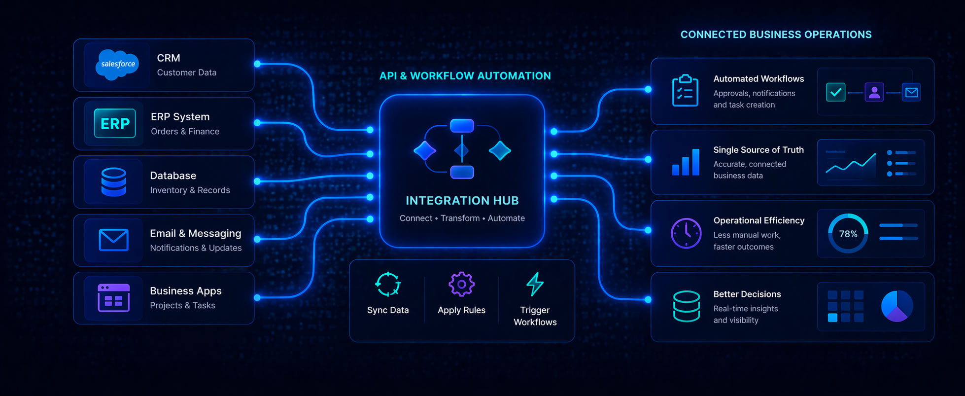 Systems integration diagram showing connected CRM, ERP, and business apps through a central automation hub