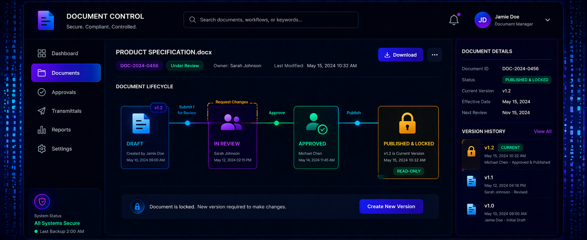 Document control workflow showing versioning, approval steps, and secure document lifecycle system