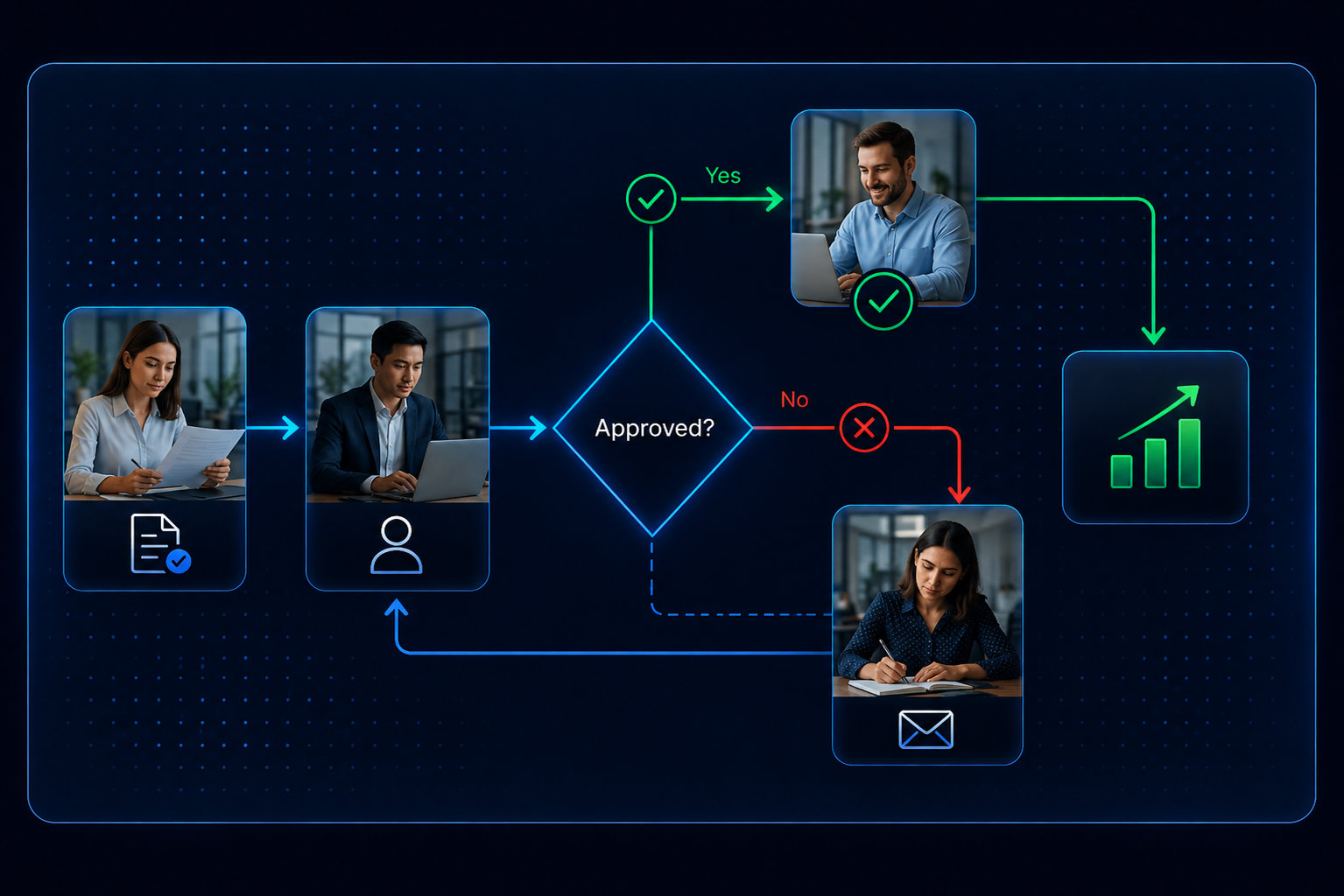 Workflow Automation Systems process flow showing approval routing, operational workflows, and automated business process management in a connected enterprise environment