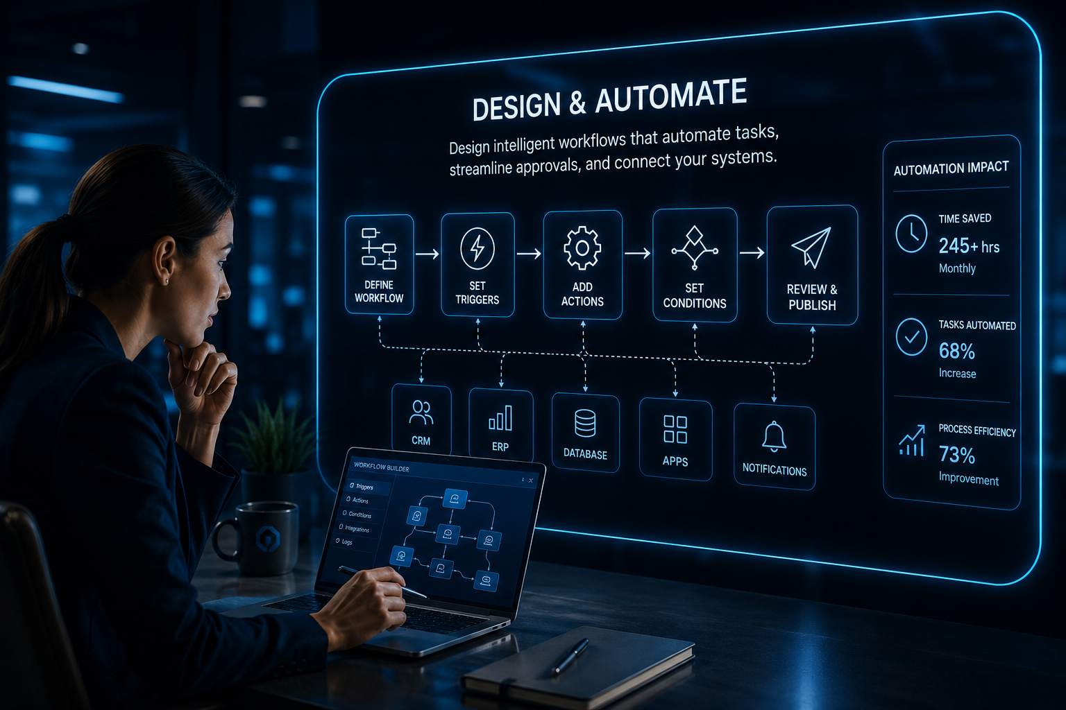 Design and Automate AI workflow systems visual showing operational workflow planning, automation design, process approvals, and connected business systems across scalable operations