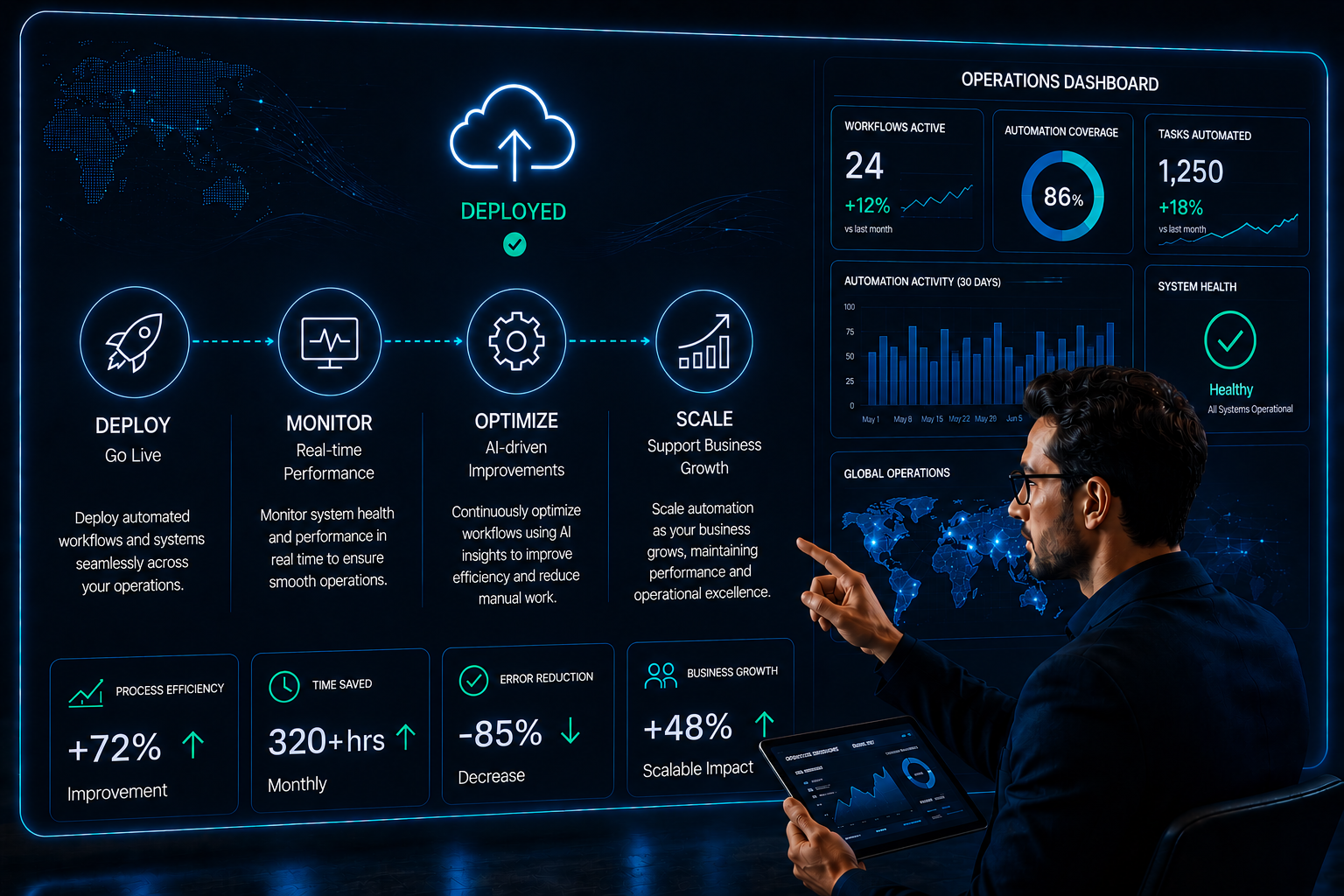 Deploy and Scale operational automation systems visual showing automation deployment, operational monitoring, AI-driven optimisation, and scalable business growth across connected enterprise operations