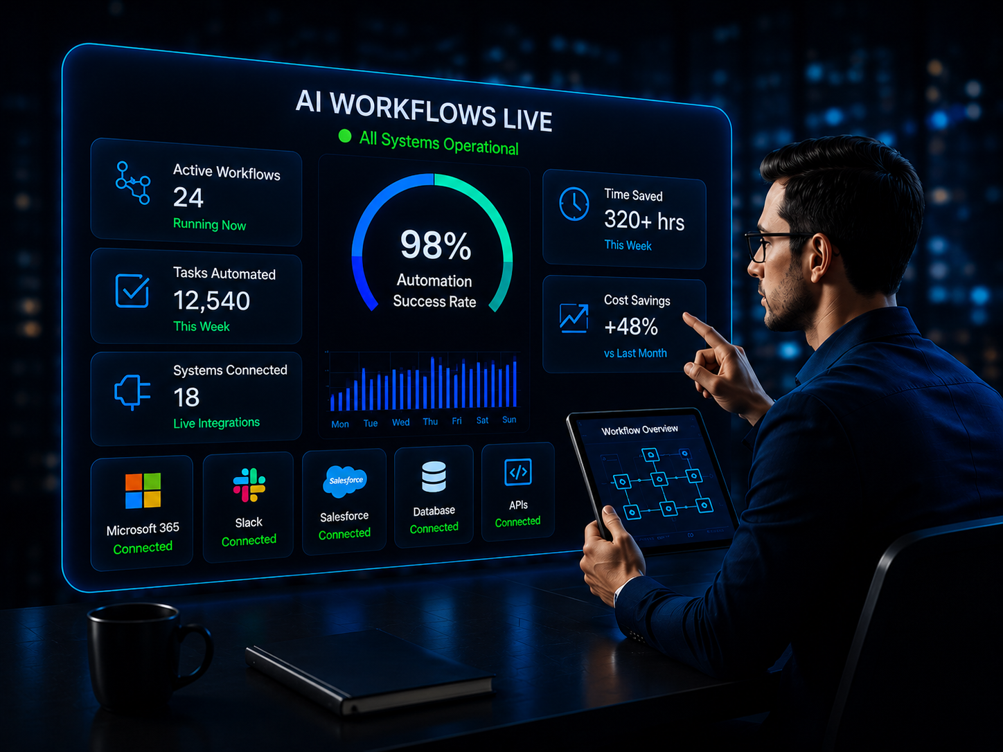 AI workflow deployment dashboard showing connected business systems, workflow automation metrics, operational integrations, and real-time AI process execution