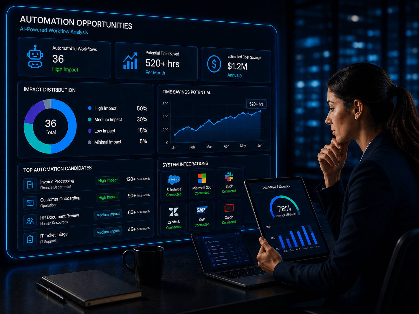 AI workflow analysis dashboard showing automation opportunities, workflow optimization metrics, system integrations, and operational efficiency insights with a business analyst reviewing AI performance data