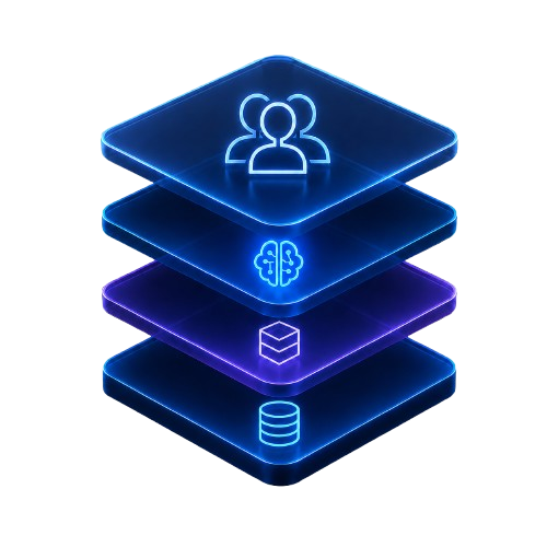 Holographic layered data platform illustration with neon blue and purple glowing database and user icons