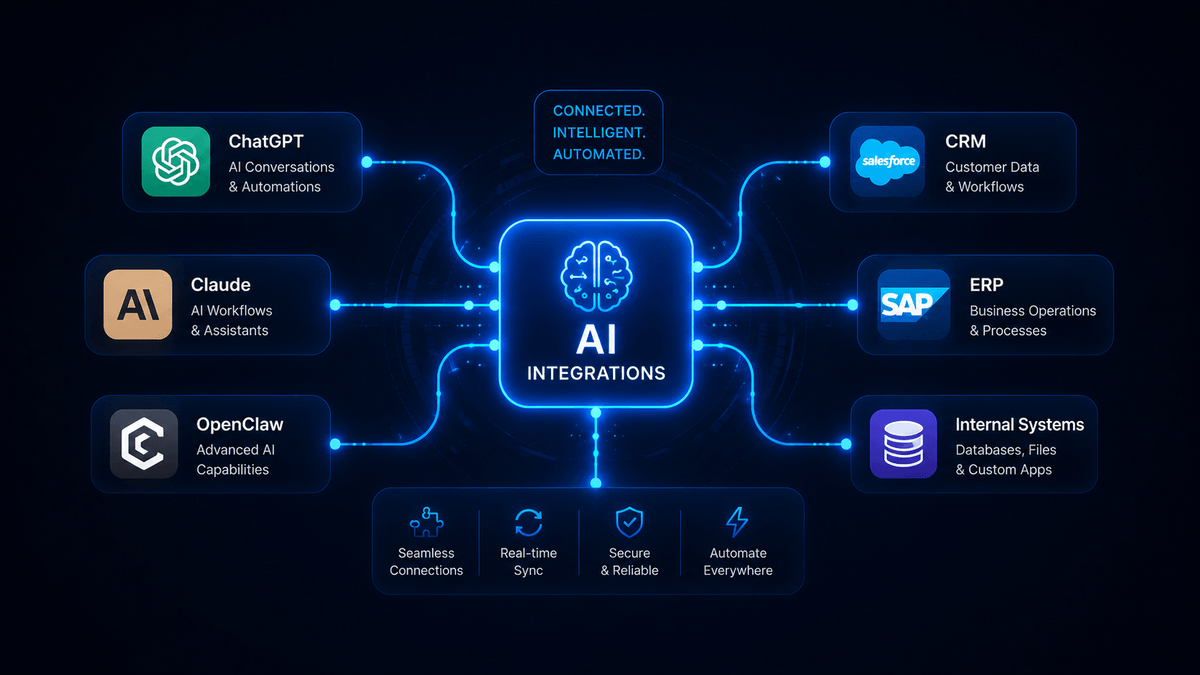 AI integrations diagram connecting ChatGPT, Claude and OpenClaw to CRM, ERP and internal systems through secure connections, an API layer and data mapping