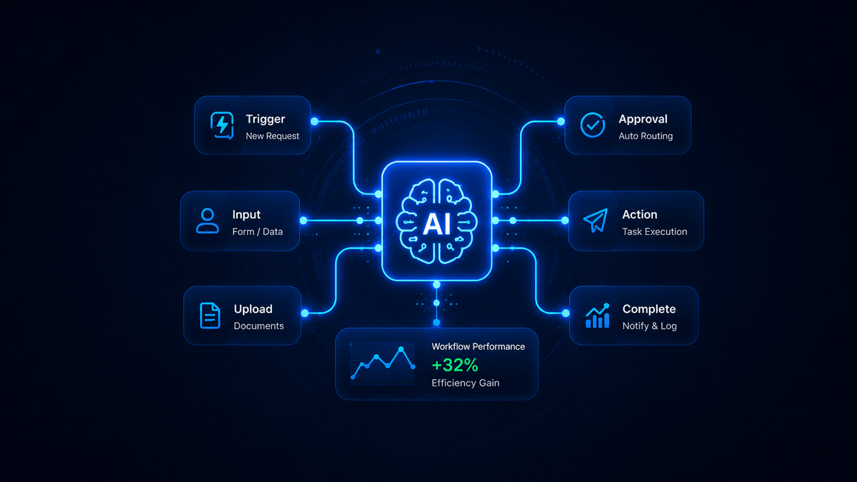 AI workflow systems diagram showing triggers, form input and document uploads routed through AI to approvals, task execution and completion logging