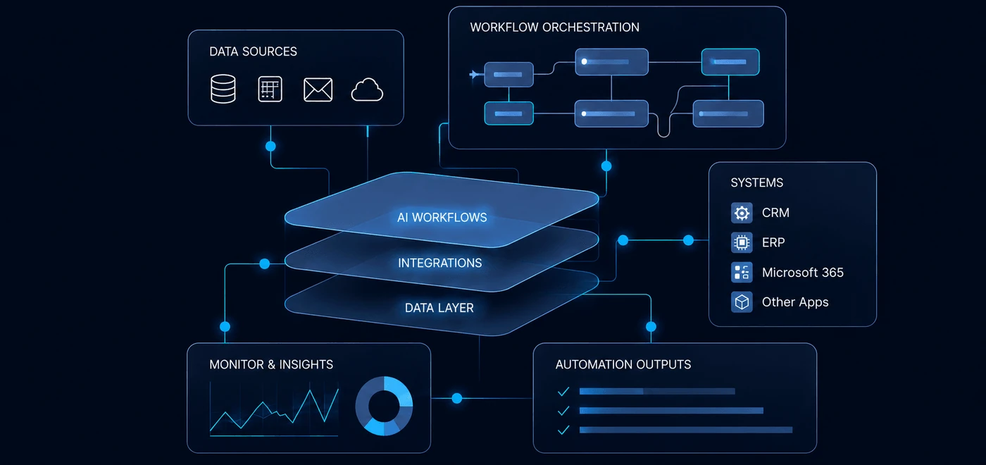 AI automation Australia workflow diagram showing data sources, workflow orchestration, integrations and a data layer connecting to CRM, ERP and Microsoft 365 systems