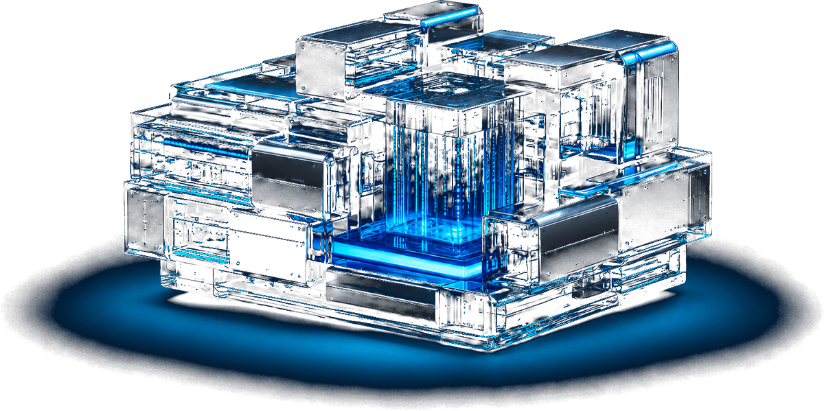 Custom AI platforms, a 3D render of modular software blocks assembled into one environment