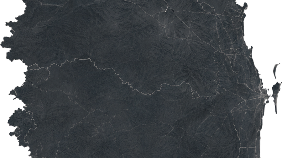 A terrain map of South East Queensland from the Sunshine Coast through Brisbane and Moreton Bay down to the Gold Coast.