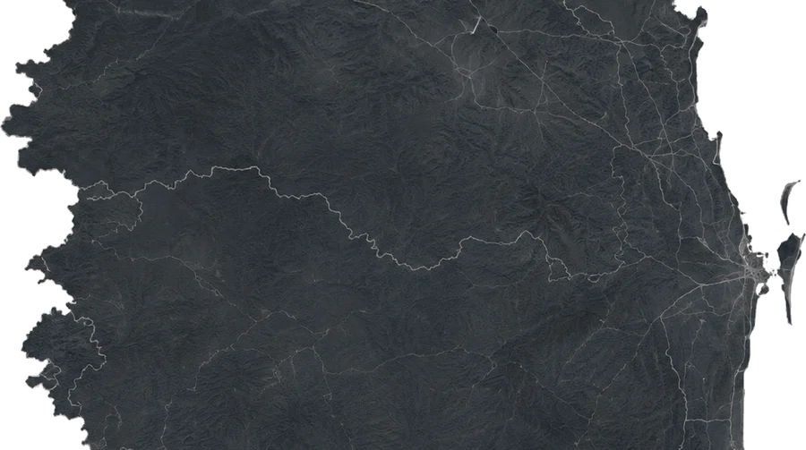 A terrain map of South East Queensland from the Sunshine Coast through Brisbane and Moreton Bay down to the Gold Coast.