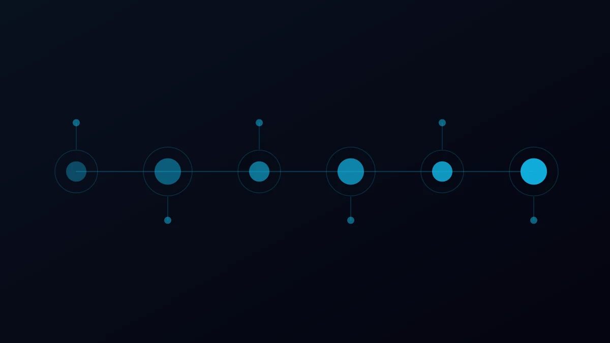 Abstract diagram: six connected nodes on a single horizontal spine, each branching to a smaller point above or below it.