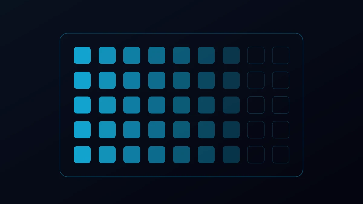 Abstract diagram: a grid of filled squares inside a rounded boundary, fading to empty outlines from left to right.