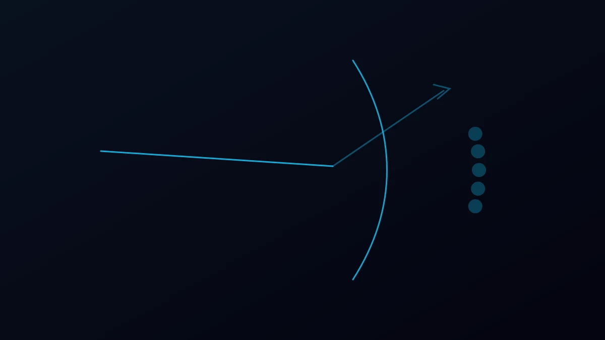 Abstract illustration of an arrow deflected away from a closed boundary, in cyan on dark navy.