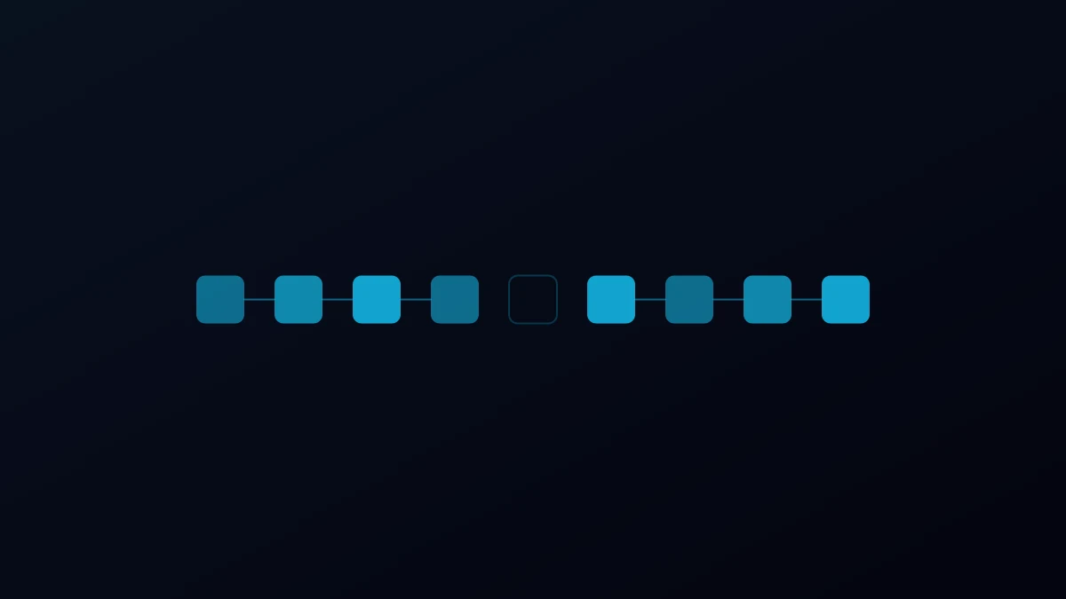 Abstract illustration of a broken chain of connected nodes, in cyan on dark navy.