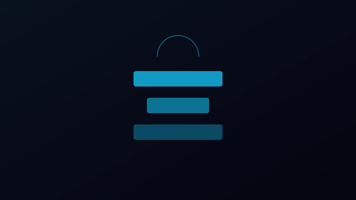 Abstract illustration of a padlock shape formed from separated geometric bars, in cyan on dark navy.