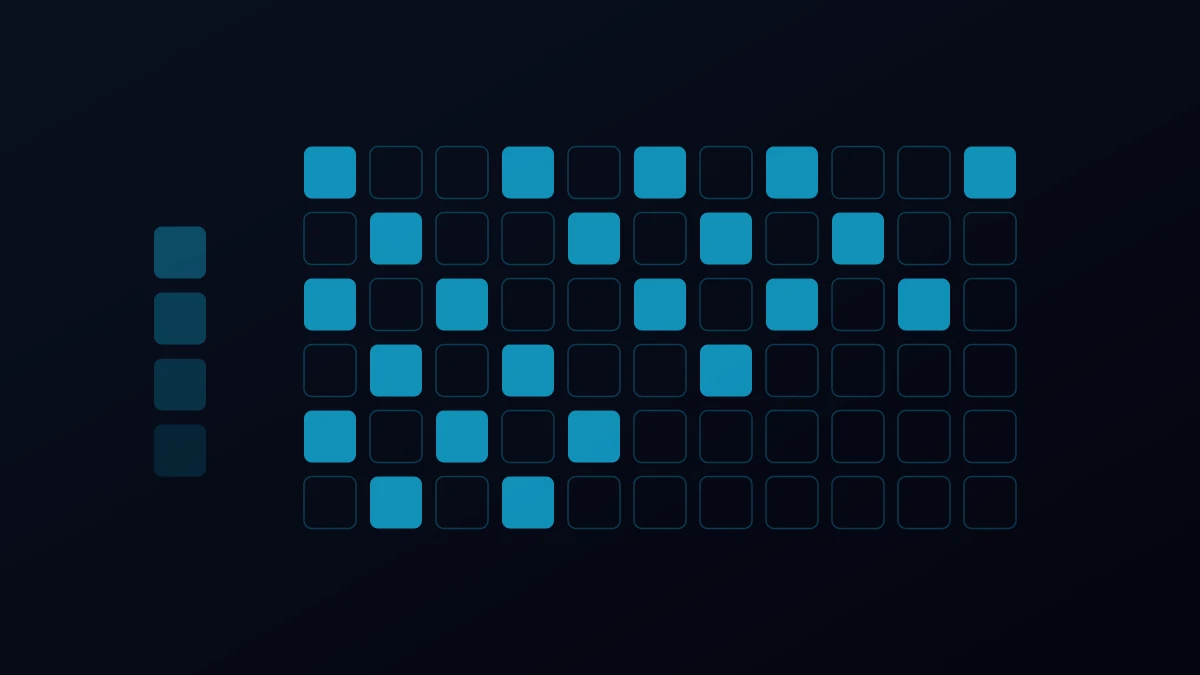 Abstract illustration of a partially filled grid where several cells remain as empty outlines, in cyan on dark navy.