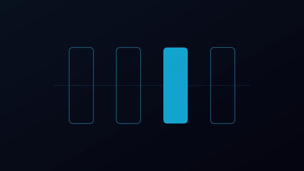 Abstract illustration of four stacked gates in a row with one closed, in cyan on dark navy.